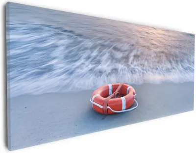 Produktbild von Wallario Premium Leinwandbild Rettungsring am Strand bei Sonnenuntergang in Größe 30 x 75 cm