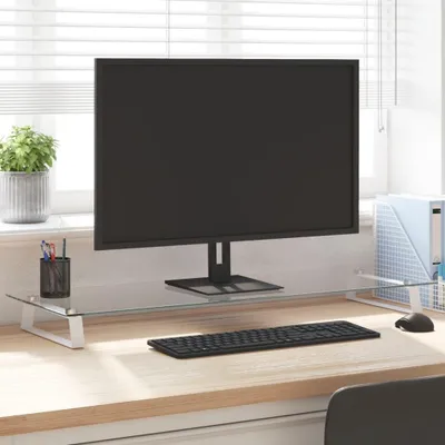 Obrázek produktu pro Stojan na monitor bílý 100x35x8 cm z tvrzeného skla a kovu