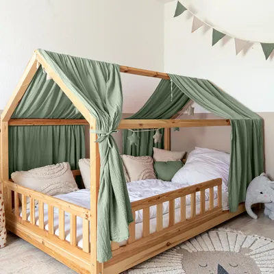 Zdjęcie produktu dla Baldachim do łóżka domku 135x270 cm eukaliptus ze złotą aplikacją - 2 pasy tkaniny