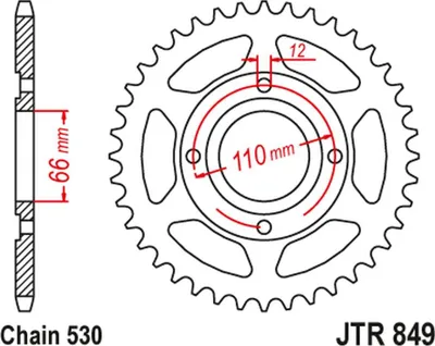 Image de Pignon arrière JT, modèle 849.38, pour Yamaha RD 250 (années 1977-1978) et RD 400 (années 1976-1978) (référence : 84938JT), compatible avec une chaîne de 530. Disponible sur commande