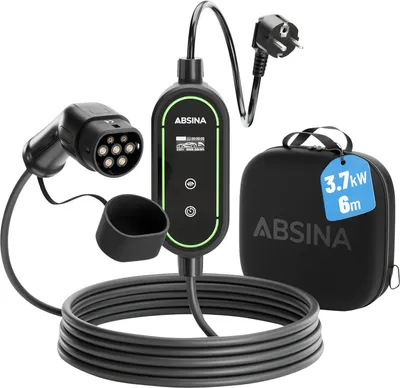 Obrázok produktu pre Nabíjací kábel ABSINA typu 2 s Schuko konektorom a nastaviteľným výkonom nabíjania – nabíjací kábel ICCB 3,7 kW, 16 A, jednofázový, IP67, s káblom dĺžky 6,40 m