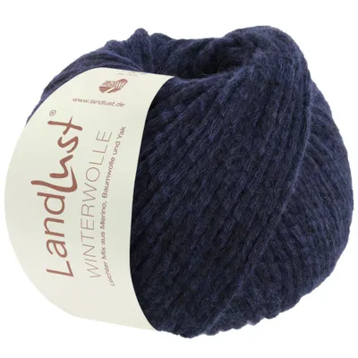 A ball of dark blue yarn with a label.