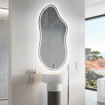 Produktbild von Unregelmäßiger asymmetrischer Spiegel mit LED Beleuchtung 54 x 94 cm - mit LED Beleuchtung - LED Farbe Kaltweiß 7000K - Individuell Nach Maß - Beleuchtet Wandspiegel Lichtspiegel Badezimmerspiegel - Sensor Schalter - FAS223