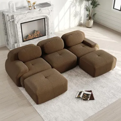 Produktbild von Modulares U-Sofa aus Cordstoff, Rahmenloses Sofa ohne Montage, Ecksofa haustierfreundlich braun für Wohnzimmer, 298x178x70 cm