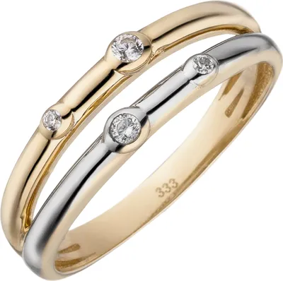 Produktbild von Gr. 60 Damen Ring 2-reihig 333 Gold Gelbgold bicolor 4 Zirkonia Goldring