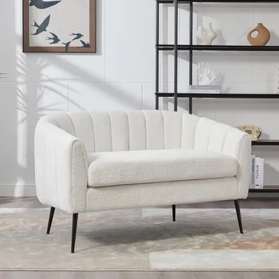 Produktbild von MODFU Zweisitzer-Sofa Wohnzimmersofa mit Armlehnen Retro Design mit Rillenpolsterung und Metallbeinen Chenille Elfenbein