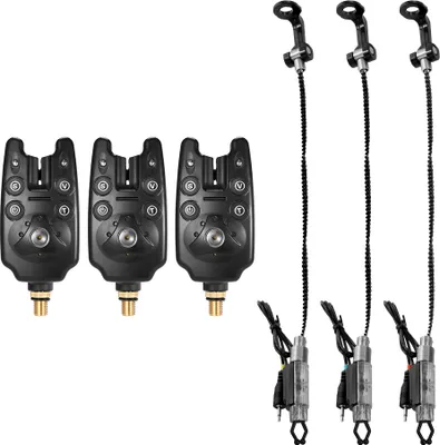 A set of fishing bite alarms and swinger indicators arranged on a white background.