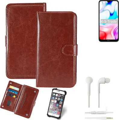 Produktbild von K-S-Trade 360° Hülle kompatibel mit Xiaomi Redmi 8 inkl. Headphones braun Kunstleder Case BookCase WalletCase Kunstlederederhülle Handyhülle,