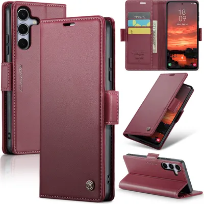 Immagine prodotto di Custodia per Samsung Galaxy S25+, carta di blocco RFID, custodia in pelle avanzata con funzione di stand rosso