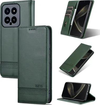 Immagine prodotto di Custodia in pelle per Xiaomi 14, custodia pieghevole a portafoglio con chiusura magnetica e supporto verde