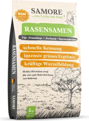 Produktbild von samore- Rasensamen schnellkeimend I Nachsaat Rasen I Extrem hohe Keimrate I 1 kg für 50 m² I Rasensamen trockenresistent zur schnellen Lückenschließung I Rasennachsaat RSM Qualität (1 kg für 50 m²)
