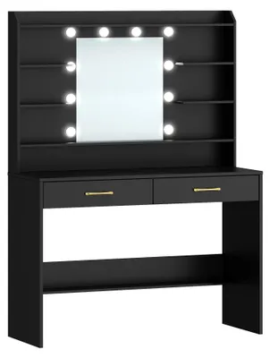 Image de Table de maquillage avec miroir et étagères - 2 tiroirs - Intensité lumineuse réglable - Bois - Noir