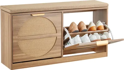 Obrázok produktu pre VEVOR lavica na topánky lavica na topánky (988 x 240 x 500 mm), predsieňová lavica z ratanu, stojan na topánky s vankúšmi a 4 priehradkami a ratanovými dvierkami (nosnosť 200 kg), pre predsieň obývaciu izbu spálňu