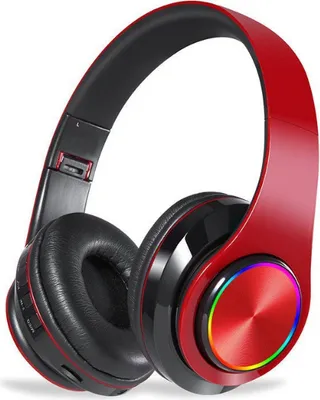 A pair of red and black over-ear Bluetooth headphones are shown against a white background.