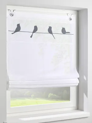 Produktbild von Raffrollo Gravelot mit Vogelmotiv in grau - Halbtransparentes Ösenrollo für Fenster in der Größe 80 x 140 cm, Montage ohne Bohren
