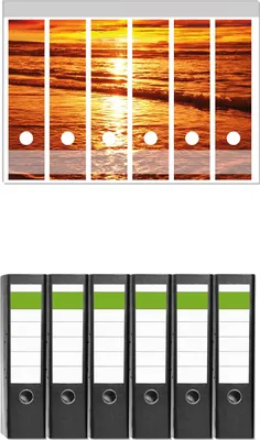 Produktbild von Wallario 6 Stück breite Ordner inkl. Klebeetiketten mit Motive Farbenfroher Sonnenuntergang über dem Meer II -  Set mit Rückenschildern / Ordnerrücken Stickern