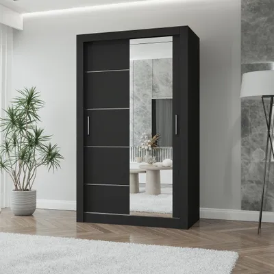 Produktbild von Schwebetürenschrank LION, Schlafzimmer, Kleiderschrank Schrank 120 cm Schwarz/Schwarz mit Spiegel, alufarbene PVC-Griffe