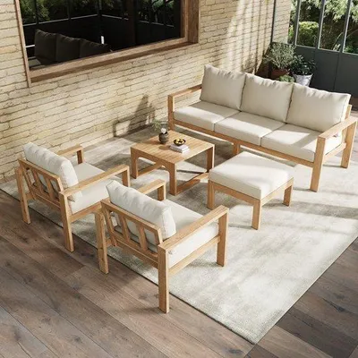 Image de Ensemble de mobilier de jardin : 3 tables, 2 chaises et un banc, en bois