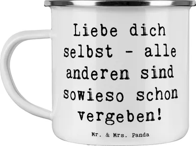 Produktbild von Mr. & Mrs. Panda Teetasse Spruch Selbstakzeptanz Liebe - Weiß - Geschenk, becher emaille, Selbstverwirklichung, Blechtasse, Authentizität, emaillebecher, Tasse, Stimmung
