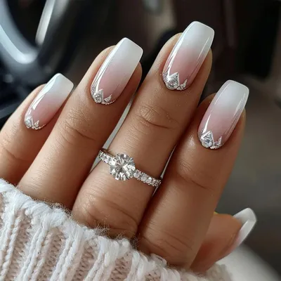 Image de Kit de faux ongles à coller, 24 pièces, effet dégradé, strass, blanc et rose, couverture complète, pour manucure, à appliquer soi-même