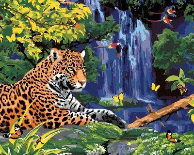 Produktbild von Zuty - Malen nach Zahlen - JAGUAR AM WASSERFALL UND PAPAGEIEN (HOWARD ROBINSON), 40x50 cm, ohne Keilrahmen