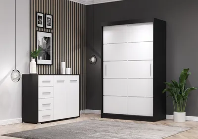 Produktbild von 2er-Set Schwebetürenschrank Schrank Kleiderschrank Schwarz/Weiß 120cm Neomi 06 mit Kommode 135cm FRIDA 01