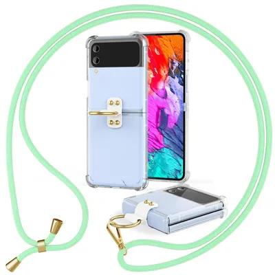 Immagine prodotto di Custodia a tracolla per Samsung Galaxy Z Flip4 Custodia protettiva trasparente con cinturino e anello per cavo Verde menta
