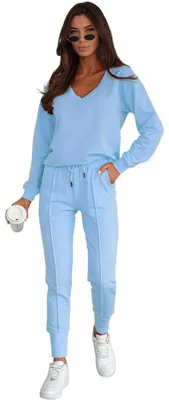Produktbild von Damen Jogginganzug Freizeitanzug mit Sweatshirt Baumwoll-Trainingsanzug, Hellblau L/40
