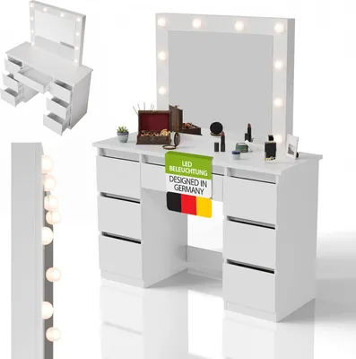 A white vanity table with a mirror and LED lights, shown with multiple views and close-ups of its features.
