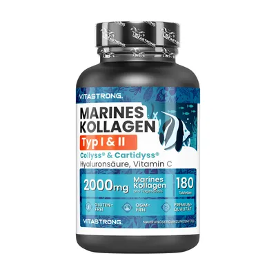 Produktbild von Kollagen mit Hyaluronsäure Vitamin C, Proprietäre Qualität Hydrolysiertes Kollagen Typ 1&2 Collyss Cartidyss, Kollagen und Hyaluronsäure Ergänzung mit Vit C, 180 Marine Collagen Tabletten, Vitastrong
