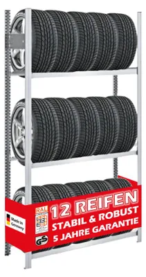 Produktbild von Reifenregal TIRE PRO Germany | Grundregal | HxBxT 200x100x43cm | 150kg Fachlast | bis zu 12 Reifen auf 3 Ebenen | Verzinkt