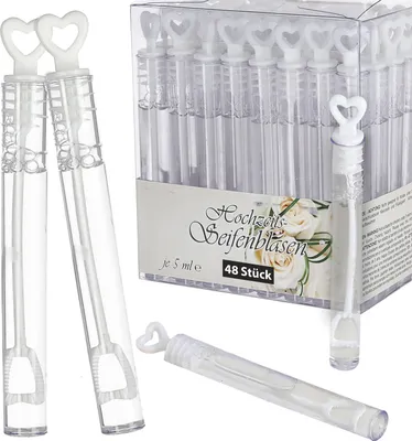 Produktbild von Seifenblasen Set Hochzeit 48er Pack Röhrchen Herzgriff Bubbles Trauung Hochzeitsseifenblasen
