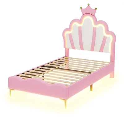Obrázek produktu pro Dětská postel 90x200 cm - Jednolůžko pro děti - Postel s motivem princezny - Čelo postele s korunou a LED osvětlením - Součástí je rošt - Růžová barva