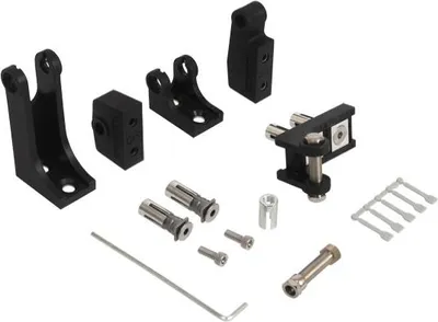 A collection of metal and plastic hardware components for a door closer.