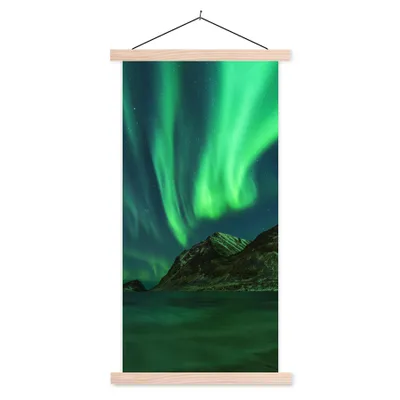 Produktbild von MuchoWow® Textilposter Nordlichter - Sternenhimmel - Norwegen 60x120 cm mit holzfarbenen Rahmen - Holz