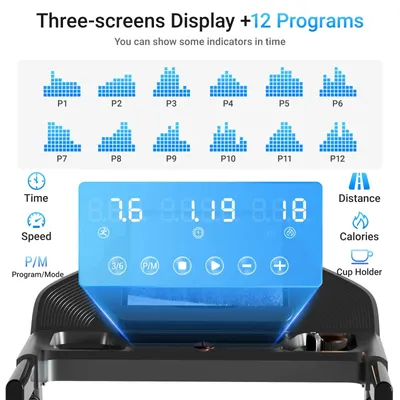 Immagine prodotto di Tapis roulant - Modello SF20 - Pieghevole - Inclinazione massima del 15% - Velocità massima di 12 km/h - 12 programmi preimpostati - Capacità di carico: 180 kg - Tre display con supporto