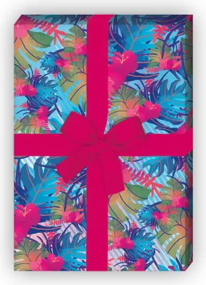 Produktbild von Urwald Geschenkpapier mit Blüten und Blättern in blau pink - G6296, 32 x 48cm