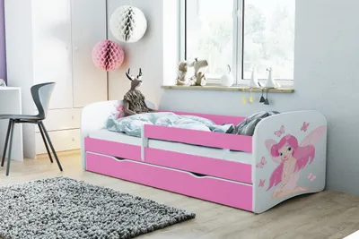 A child's bedroom with a pink bed.