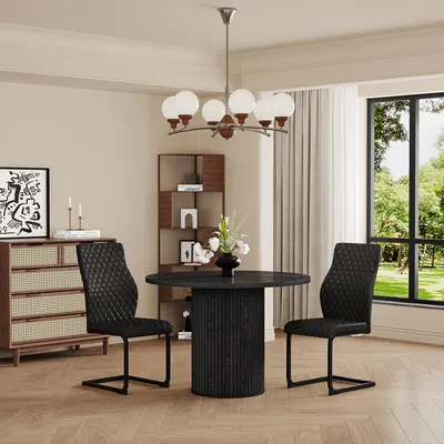 Image de Ensemble de salle à manger rond, Ø 100 cm, noir, avec 2 chaises rembourrées ; ensemble de salle à manger moderne, plateau en MDF, table de cuisine avec motif en losanges, de grande qualité et peu encombrant