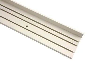 A white curtain rail with grooves and a hole for mounting, shown on a white background.