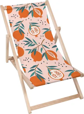 A folding deck chair with a pomegranate pattern on a white background.