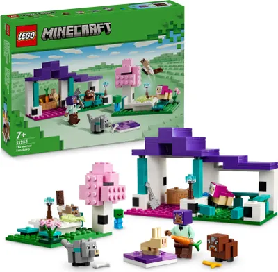 A LEGO Minecraft The Animal Sanctuary set is displayed, with the product box in the background and the assembled toy in the foreground.