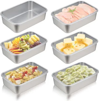Obrázok produktu pre Sada 6 kusov nerezových dóz Unyqoos®, odolných voči korózii, s vzduchotesnými, priehľadnými silikónovými viečkami, vhodné na skladovanie – vhodné do chladničky, mikrovlnnej rúry a rúry (bez viečka)