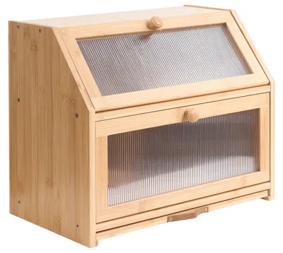 Produktbild von BELIANI Brotkasten Hellbraun Bambus Zweistöckig 42 x 25 x 35 cm mit Schneidebrett 2 Klappen 2 Griffen u. 2 Sichtfenstern Moderne Brotbox Brotbehälter