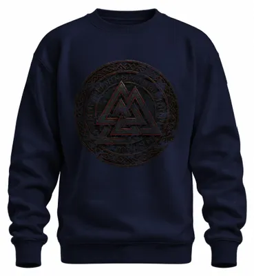Imagen del producto de Sudadera uni con cuello redondo, diseño "Valknut", símbolo vikingo, runas nórdicas, estilo grunge, motivo mitológico. Color azul marino, talla XL