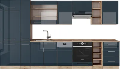 Produktbild von Vicco Küchenzeile Fame-Line, 355 cm ohne Arbeitsplatte, Dunkelblau Hochglanz/Goldkraft Eiche
