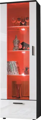 Produktbild von Komodee, Vitrine Schrank Alessandria, Schwarz/Weiß, Breite 60cm x Höhe 192cm x Tiefe 42cm, 3 Glasböden, 1 Regal aus laminierter Platte, für Wohnzimmer, Schlafzimmer, LED RGB