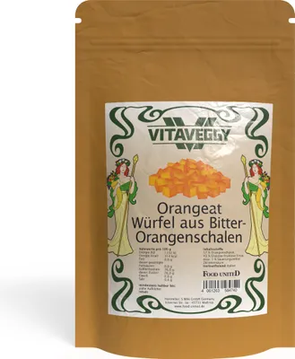 Produktbild von VITAVEGGY ORANGEAT-Orangenschalen-Würfel kandiert 50g von Food-United - Kandierte-Früchte - aus Bitterorangenschalen bekannt auch als Aranzini oder Kandinat als Backzutat oder naschen