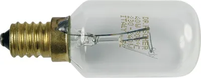 A close-up studio shot of a small, clear incandescent light bulb with a gold-colored screw base.