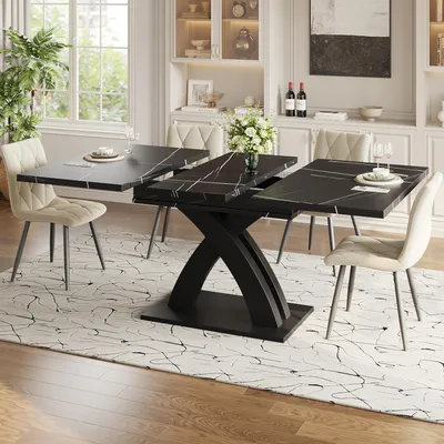 Produktbild von MODFU Ausziehbarer Küchentisch Esstisch aus Holz mit X-förmigen Querstreben und Ausziehbares Tischplatten-Design und ausziehbare Fläche,Schwarz